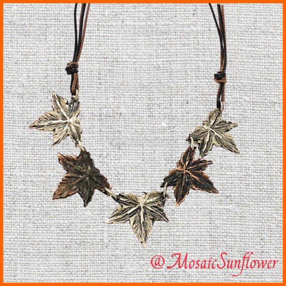 Artisan Crafted Brown Leather Hypoallergenic Maple Leaf Necklace & Earrings Set - Picture 2 of 4